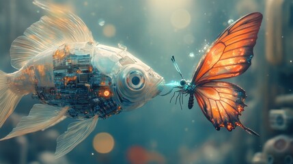 Fototapeta premium A surreal scene depicting a robotic fish interacting with a vibrant butterfly.