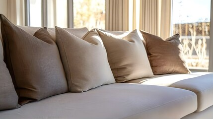 A cozy and inviting sectional sofa, featuring a cream/beige fabric, is beautifully decorated with a variety of colorful throw pillows in mustard yellow, brown, and muted tones