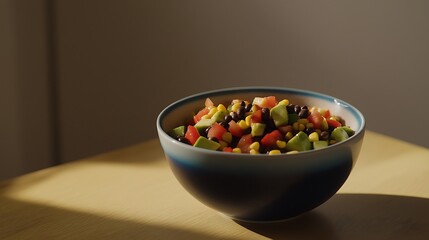 A vibrant bowl of fresh vegetable salad sits on a wooden table, illuminated by soft sunlight, showcasing colorful ingredients.