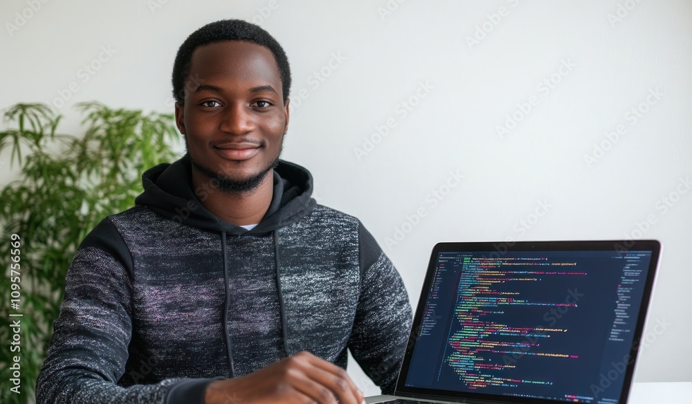 Aufkleber a young man working on a laptop with code displayed, smiling in a bright environment.