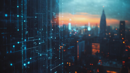 Fototapeta premium Smart digital city with connection Innovation network reciprocity over the sunset cityscape Concept of future wireless digital city and social media networking systems that connects business people