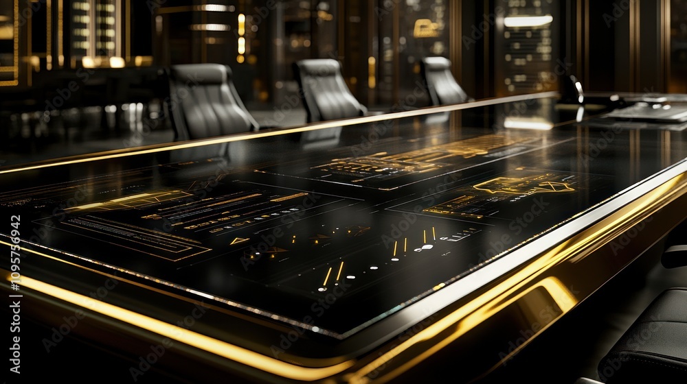 Poster a sleek conference table with a high-tech interface, designed for business meetings.