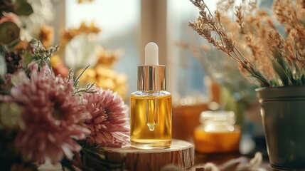 A glass dropper bottle of oil surrounded by flowers and natural elements, suggesting skincare.