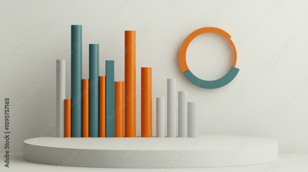 Aufkleber Abstract representation of data with bar and circular graphs on a minimalist stage.