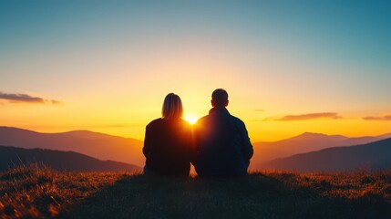 A couple is sitting on a grassy hillside, watching the sun set