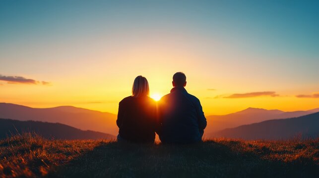 A couple is sitting on a grassy hillside, watching the sun set