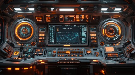 Fototapeta premium Futuristic control panel with digital screens and orange accents