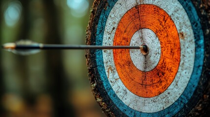 Close-up of an arrow hitting a target in the forest