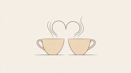 Minimalist design of two coffee cups with heart-shaped steam for valentine's day