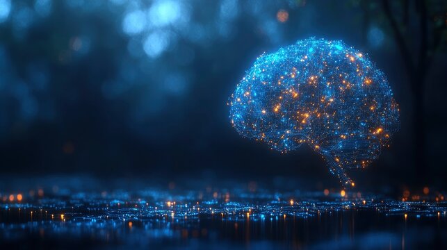 Digital brain visualization with glowing neural connections in a dark environment