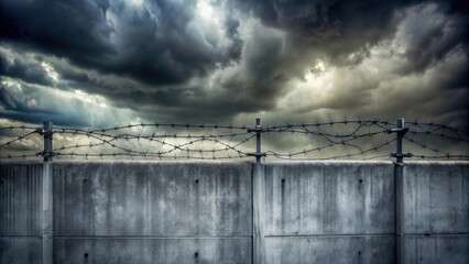 Obraz premium Gloomy sky looming over a concrete wall with barbed wire , gloomy, sky, concrete, wall, barbed wire, security, ominous