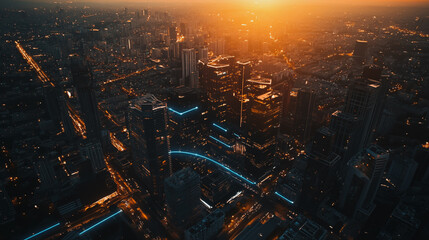 Smart digital city with connection Innovation network reciprocity over the sunset cityscape Concept of future wireless digital city and social media networking systems that connects business people