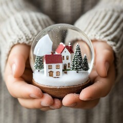 Snow globe with miniature house and trees in a cozy setting
