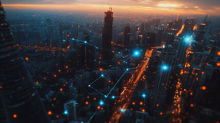 Fototapeta premium Smart digital city with connection Innovation network reciprocity over the sunset cityscape Concept of future wireless digital city and social media networking systems that connects business people