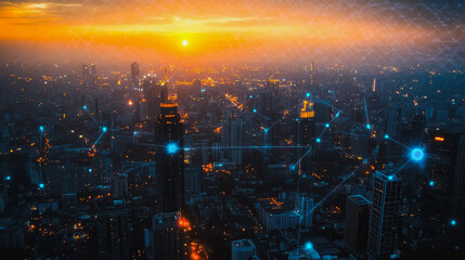 Fototapeta premium Smart digital city with connection Innovation network reciprocity over the sunset cityscape Concept of future wireless digital city and social media networking systems that connects business people