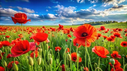 Vibrant red poppies stand out in a lush green field , Beautiful, poppies, red flowers, green grass, nature, vibrant, meadow
