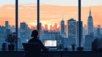 A person working on a laptop with a city skyline at sunset in the background.