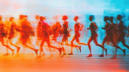 Blurred runners in vibrant motion. Illustrates speed, competition, and athleticism; ideal for sports, fitness, or energy themes.