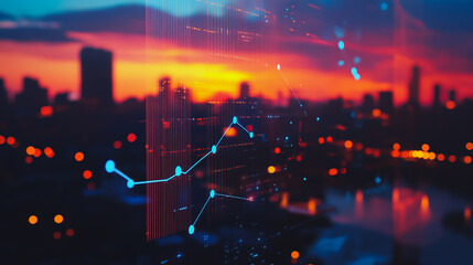 Obraz premium Smart digital city with connection Innovation network reciprocity over the sunset cityscape Concept of future wireless digital city and social media networking systems that connects business people