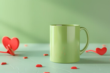A fresh green mug surrounded by playful red heart decorations on a soft green backdrop, evoking a cheerful and romantic atmosphere.