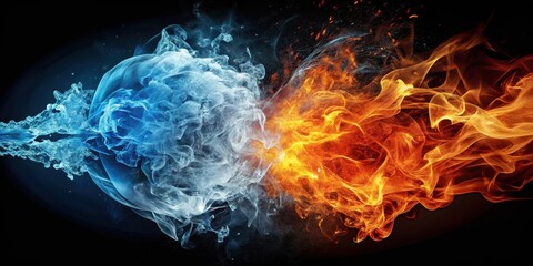 Abstract image of fire and ice meeting in a dramatic clash, abstract, fire, ice, clash, contrast, power, impact
