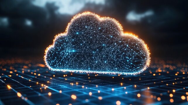 Abstract cloud design with glowing connections and digital background