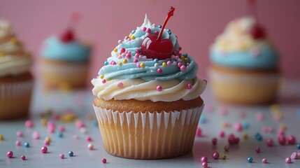 Colorful cupcake topped with icing and a cherry