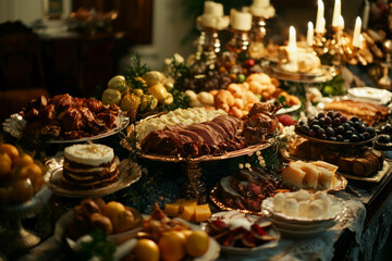 Fototapeta premium lavish banquet table filled with variety of delicious dishes, including roasted meats, fruits, and desserts, creating warm and festive atmosphere