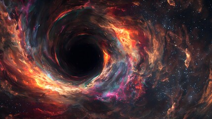 A black hole surrounded by colorful nebulae and stars in deep space.
