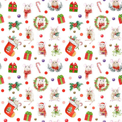 Christmas mood seamless pattern with funny mice, winter time traditional decor in hand drawn vintage style. Perfect for holiday projects, Christmas decor, seasonal gift wrap design. White background.