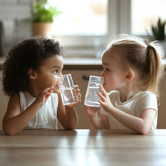 Two multiracial little girls enjoying refreshing drinks at kitchen table family bonding moment cozy home heartwarming scene