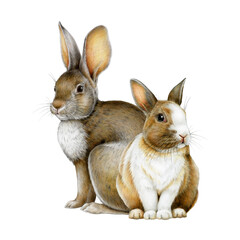 Fototapeta premium Cute little bunny couple painted illustration. Hand drawn rabbits vintage style. Small bunny wildlife and domestic mammal sitting on white background. Funny hare Easter traditional animal symbol