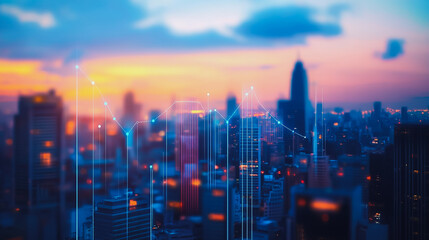 Fototapeta premium Smart digital city with connection Innovation network reciprocity over the sunset cityscape Concept of future wireless digital city and social media networking systems that connects business people