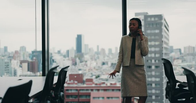 Phone call, stress and business woman in Japan office for company bankruptcy, fraud and crisis management. Bad news, communication and networking with profile of employee for disaster and contact