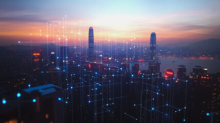 Fototapeta premium Smart digital city with connection Innovation network reciprocity over the sunset cityscape Concept of future wireless digital city and social media networking systems that connects business people