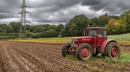Fototapeta premium Vintage tractor in a field under a cloudy sky