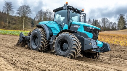 Obraz premium Modern tractor plowing fields in agricultural landscape under cloudy sky