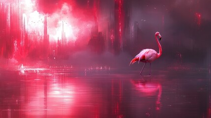 Vibrant flamingo in surreal red landscape with reflections