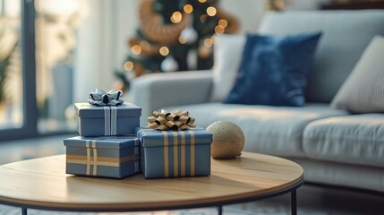 Christmas gifts sit on a coffee table near a Christmas tree