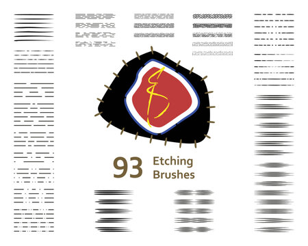 Set of 93 etching pattern brushes + 84 bonus brushes for illustrator, drawing, retro, vintage, shading, engraved, lino cut. Compatible with Adobe Illustrator CS6 and above.