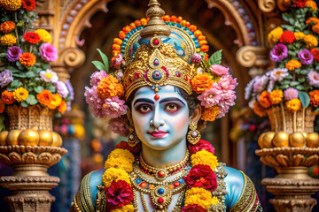 Fototapeta premium Close-up of a Hindu deity statue adorned with flowers and intricate jewelry.