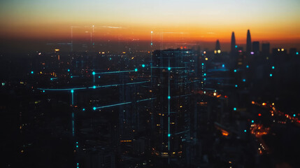 Naklejka premium Smart digital city with connection Innovation network reciprocity over the sunset cityscape Concept of future wireless digital city and social media networking systems that connects business people