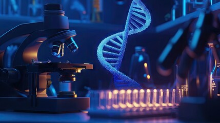 A close-up of the lens and macro view of DNA in an animated style, with laboratory equipment such as microscopes and test tubes visible 