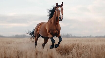 Fototapeta premium freedom movement and authentic, A majestic horse gallops freely through a golden field, showcasing its strength and grace under a cloudy sky.
