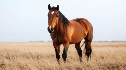 Obraz premium freedom movement and authentic, A majestic brown horse stands gracefully in a golden field, under a clear sky, embodying beauty and strength.