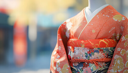 A traditional kimono on an empty mannequin, focusing on the upper body with no arms or legs visible.  Generative AI.