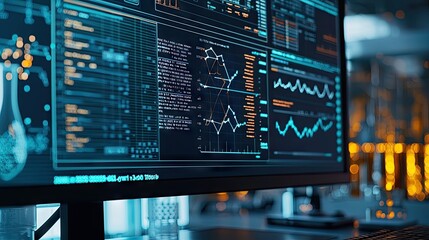 A close-up shot of a high-tech computer screen displaying complex scientific data, graphs, and molecular structures in a brightly lit modern 