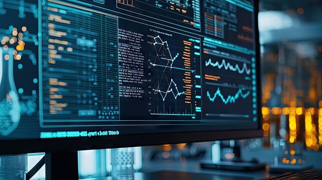 A close-up shot of a high-tech computer screen displaying complex scientific data, graphs, and molecular structures in a brightly lit modern 