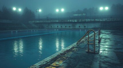Abandoned swimming pool at night with fog and dim lighting