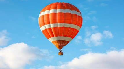 Naklejka premium freedom movement and authentic, A vibrant orange hot air balloon floats against a bright blue sky, surrounded by fluffy white clouds.